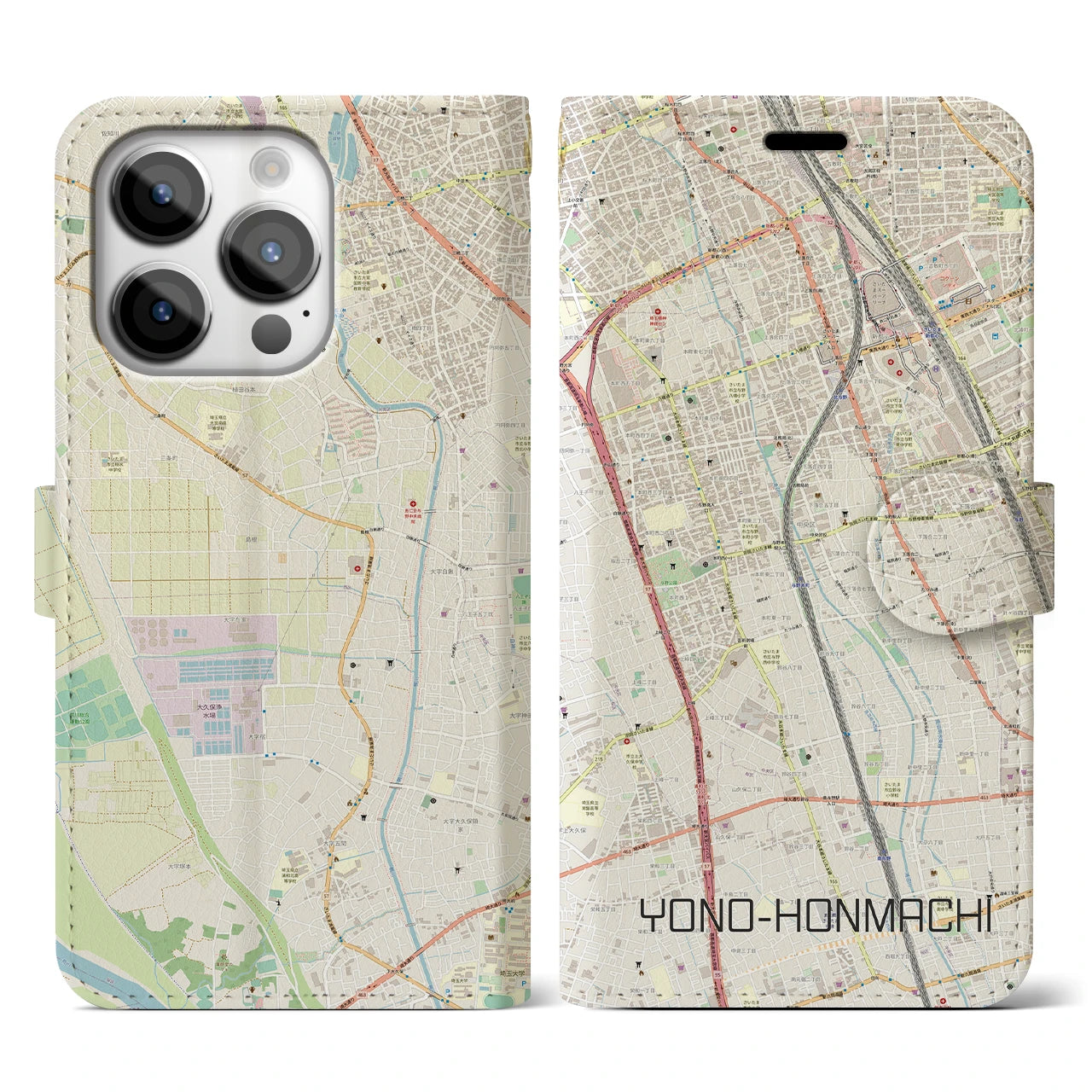 【与野本町(埼玉県)】地図柄iPhoneケース(手帳タイプ)ナチュラル・iPhone 14 Pro 用
