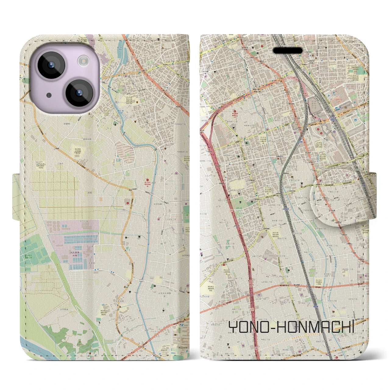 【与野本町(埼玉県)】地図柄iPhoneケース(手帳タイプ)ナチュラル・iPhone 14 用