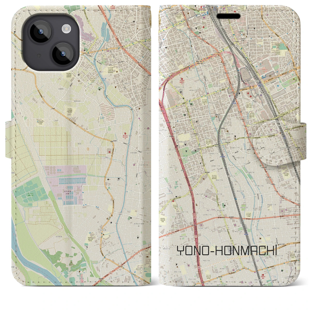 【与野本町(埼玉県)】地図柄iPhoneケース(手帳タイプ)ナチュラル・iPhone 14 Plus 用