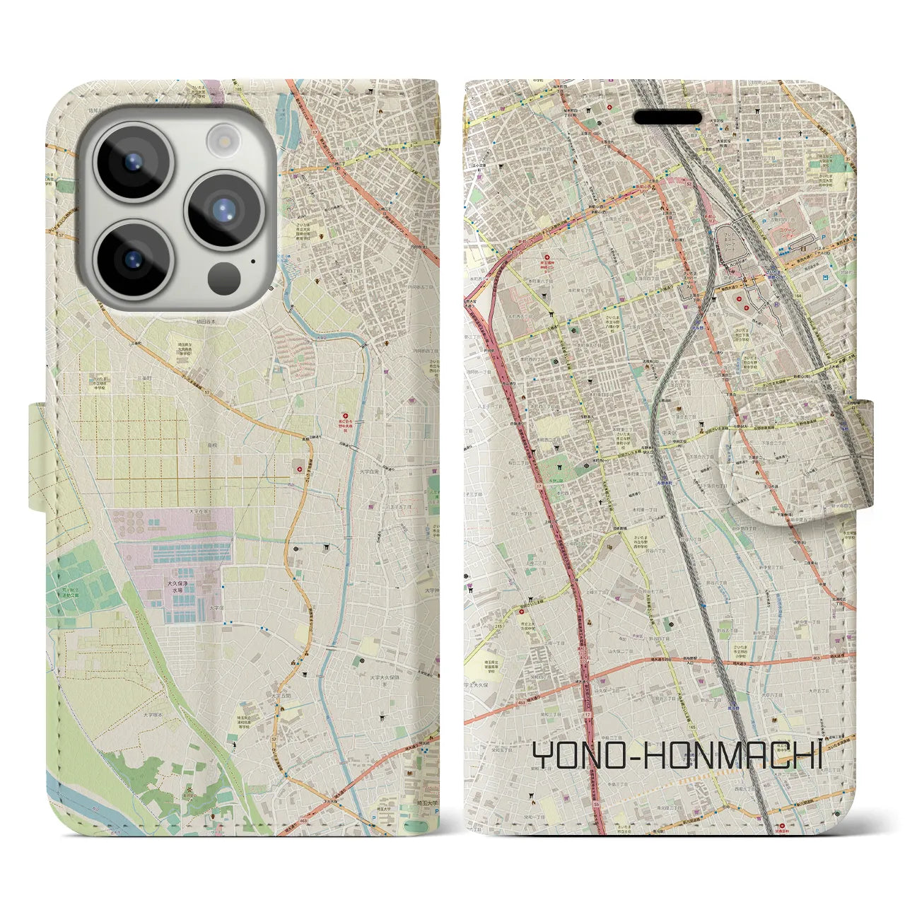 【与野本町(埼玉県)】地図柄iPhoneケース(手帳タイプ)ナチュラル・iPhone 15 Pro 用