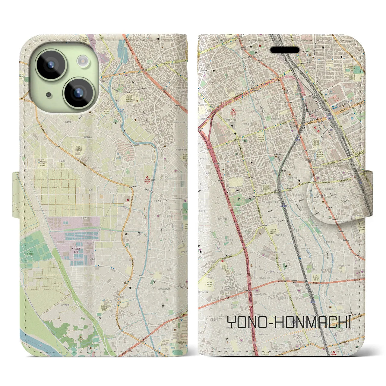 【与野本町(埼玉県)】地図柄iPhoneケース(手帳タイプ)ナチュラル・iPhone 15 用