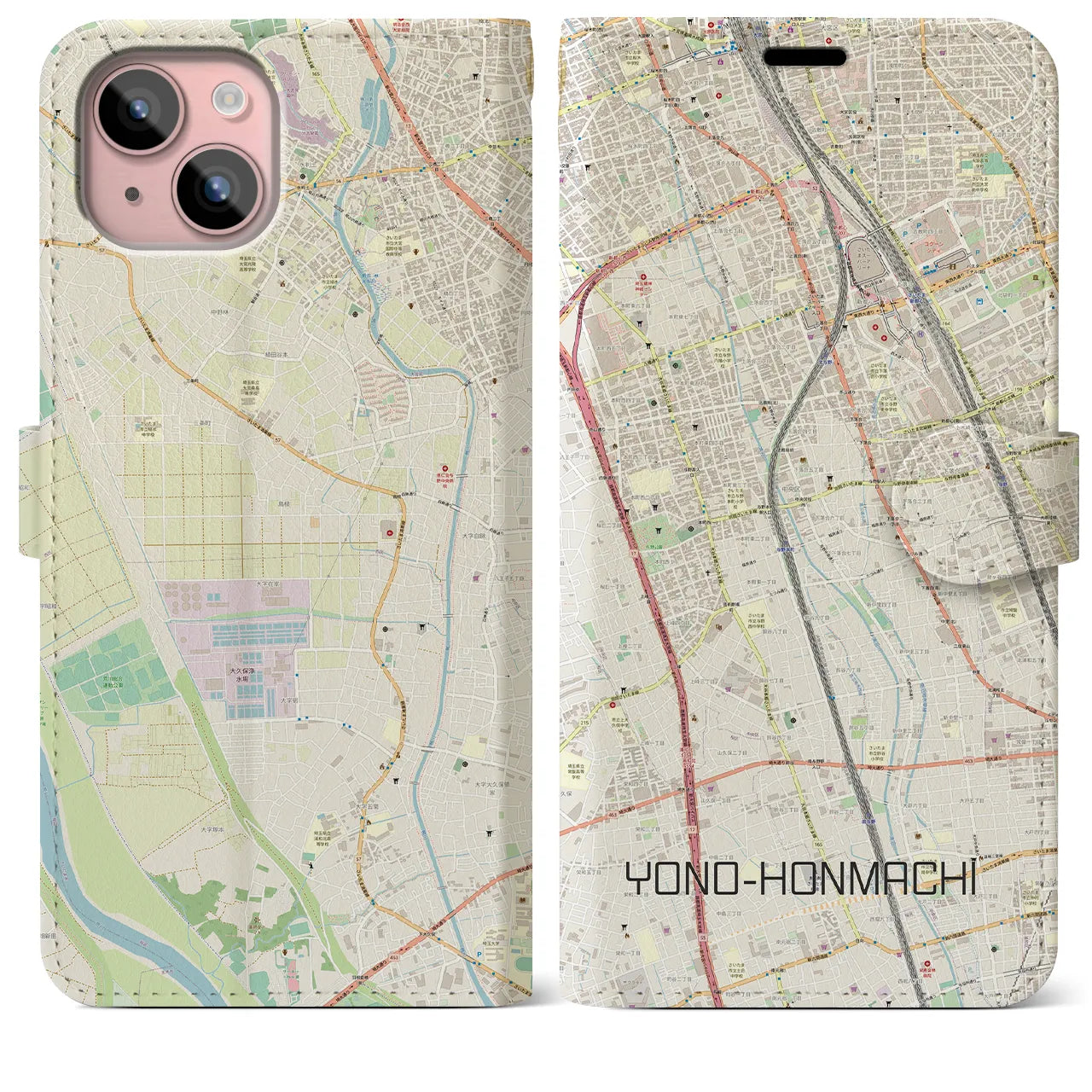 【与野本町(埼玉県)】地図柄iPhoneケース(手帳タイプ)ナチュラル・iPhone 15 Plus 用