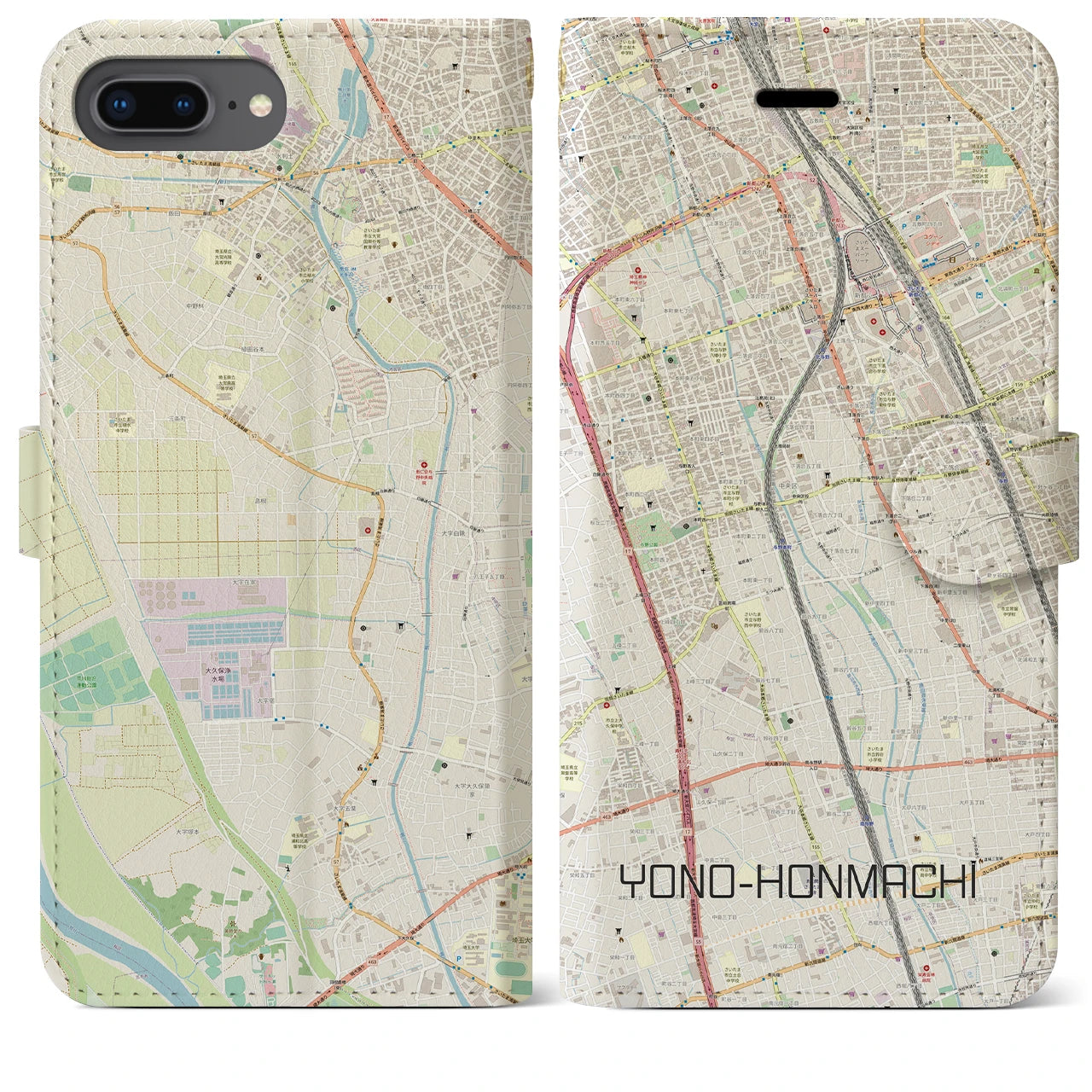 【与野本町(埼玉県)】地図柄iPhoneケース(手帳タイプ)ナチュラル・iPhone 8Plus /7Plus / 6sPlus / 6Plus 用