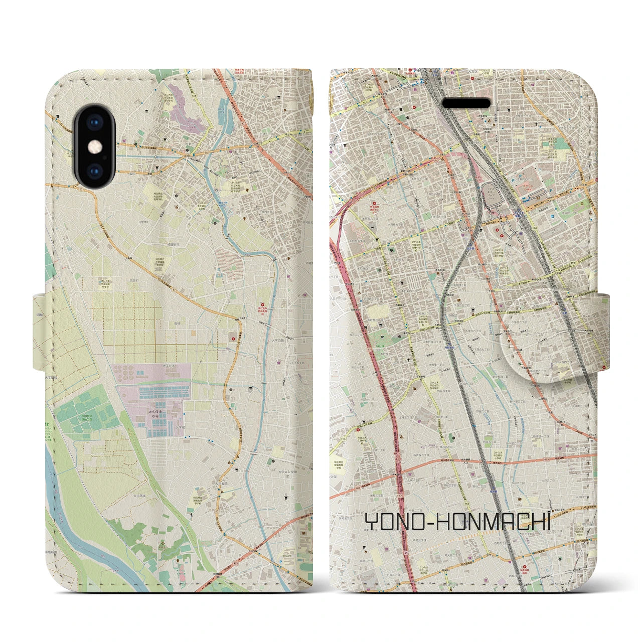 【与野本町(埼玉県)】地図柄iPhoneケース(手帳タイプ)ナチュラル・iPhone XS / X 用