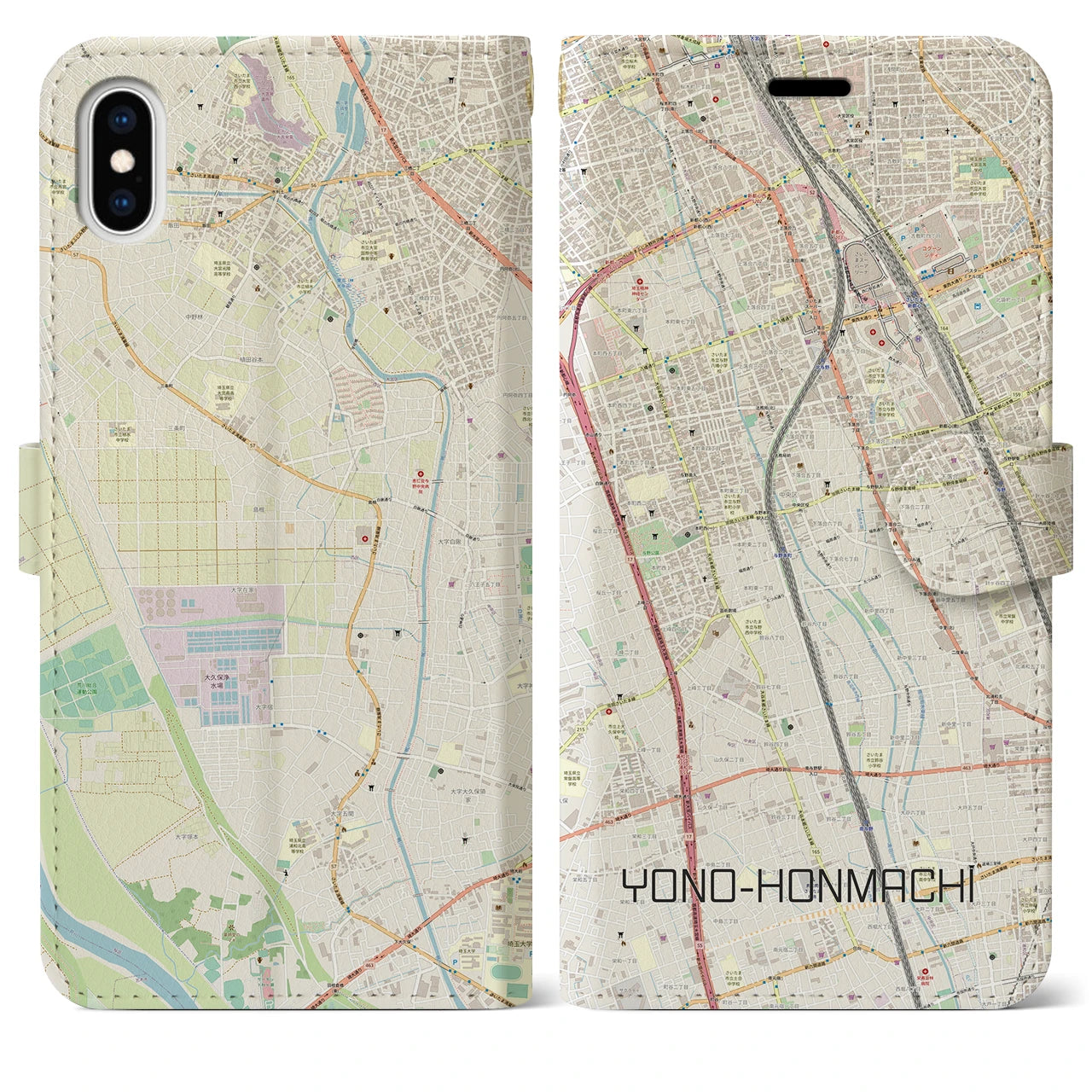 【与野本町(埼玉県)】地図柄iPhoneケース(手帳タイプ)ナチュラル・iPhone XS Max 用