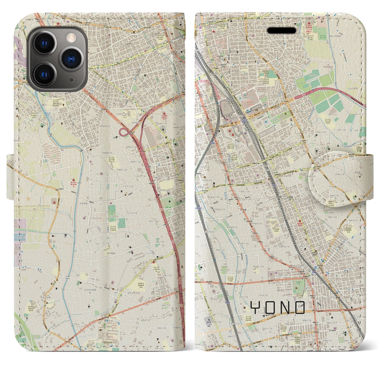【与野(埼玉県)】地図柄iPhoneケース(手帳タイプ)ナチュラル・iPhone 11 Pro Max 用
