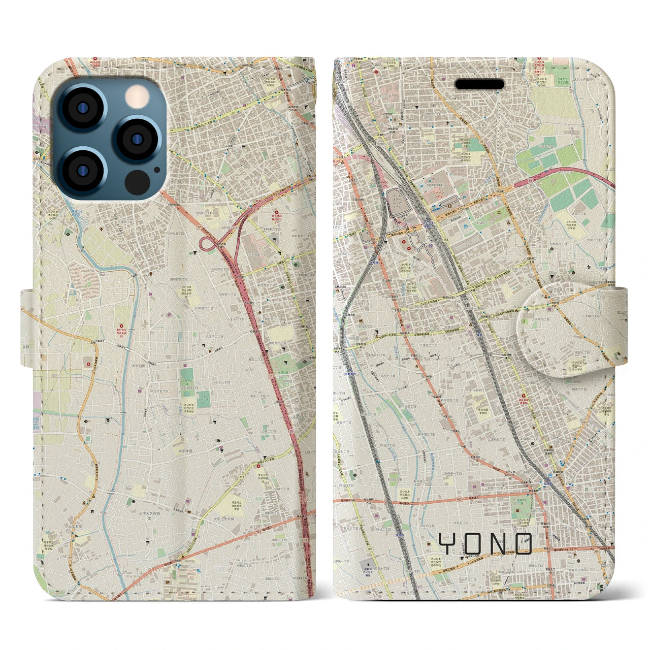【与野(埼玉県)】地図柄iPhoneケース(手帳タイプ)ナチュラル・iPhone 12 / 12 Pro 用