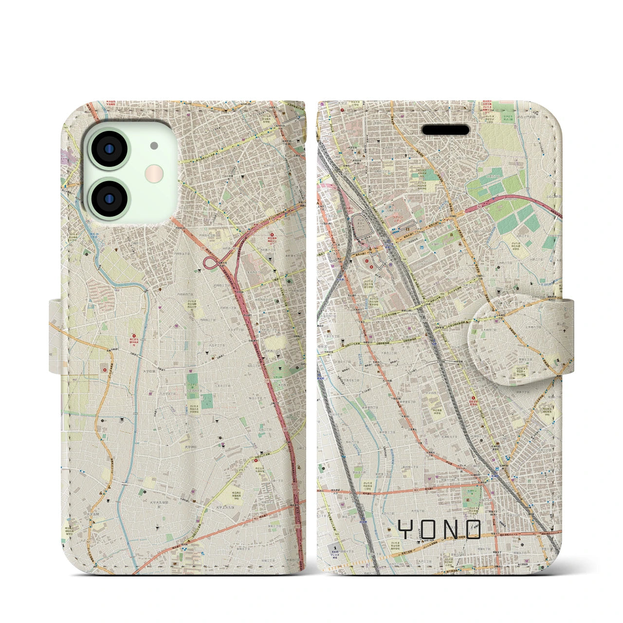 【与野(埼玉県)】地図柄iPhoneケース(手帳タイプ)ナチュラル・iPhone 12 mini 用