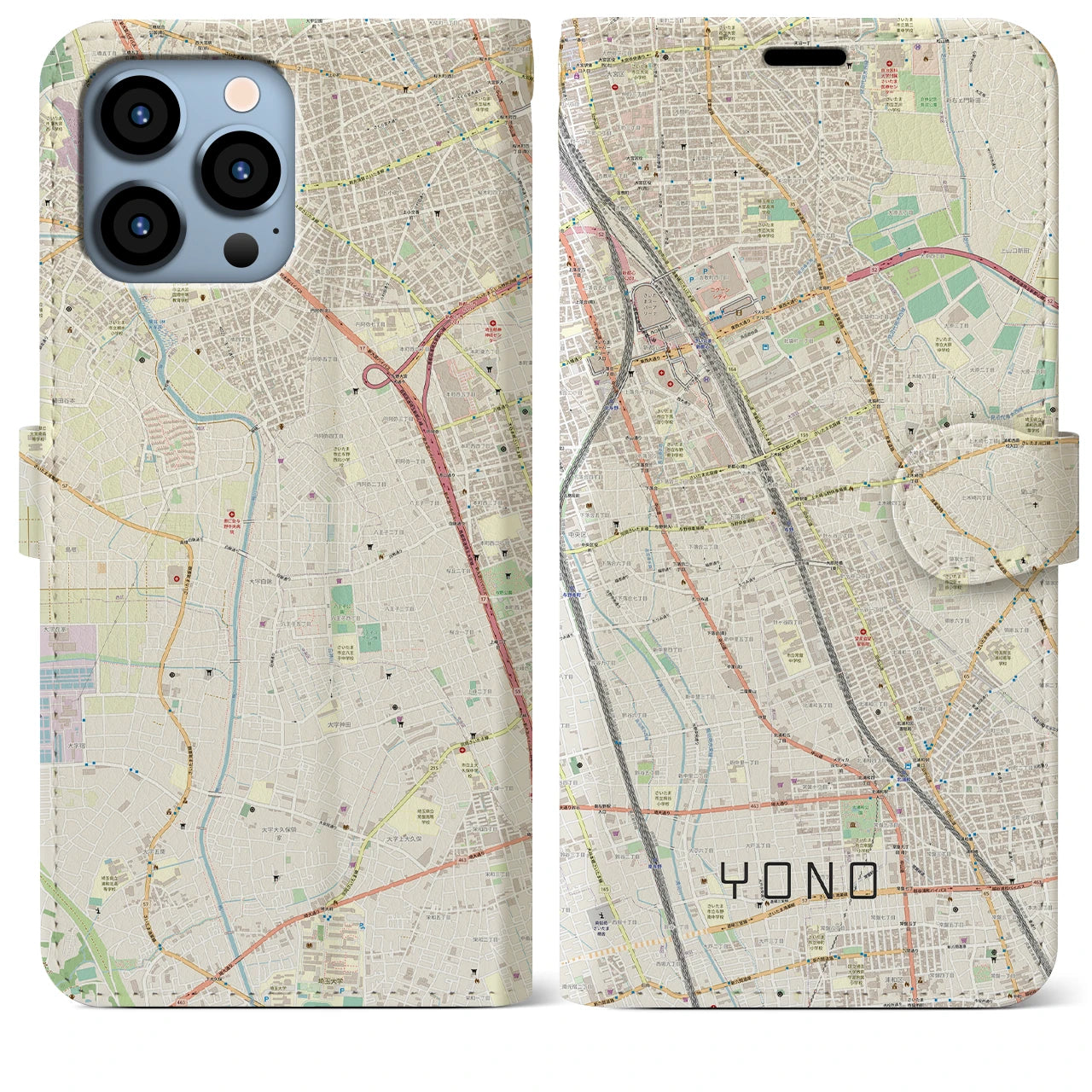 【与野(埼玉県)】地図柄iPhoneケース(手帳タイプ)ナチュラル・iPhone 13 Pro Max 用