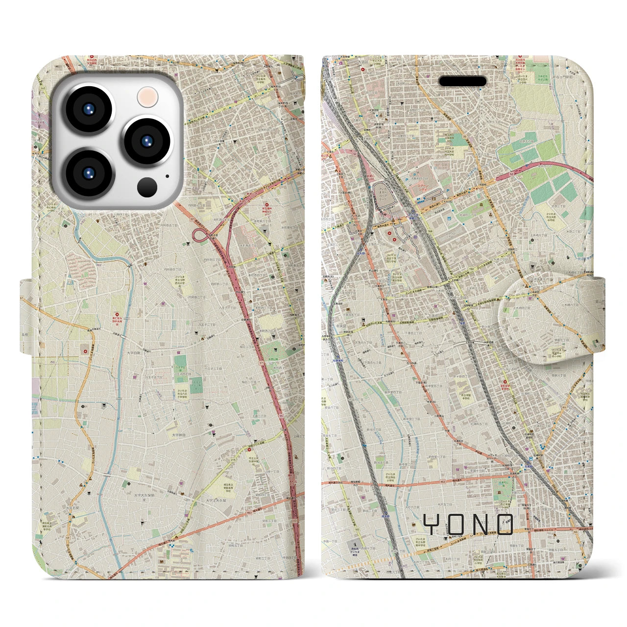 【与野(埼玉県)】地図柄iPhoneケース(手帳タイプ)ナチュラル・iPhone 13 Pro 用