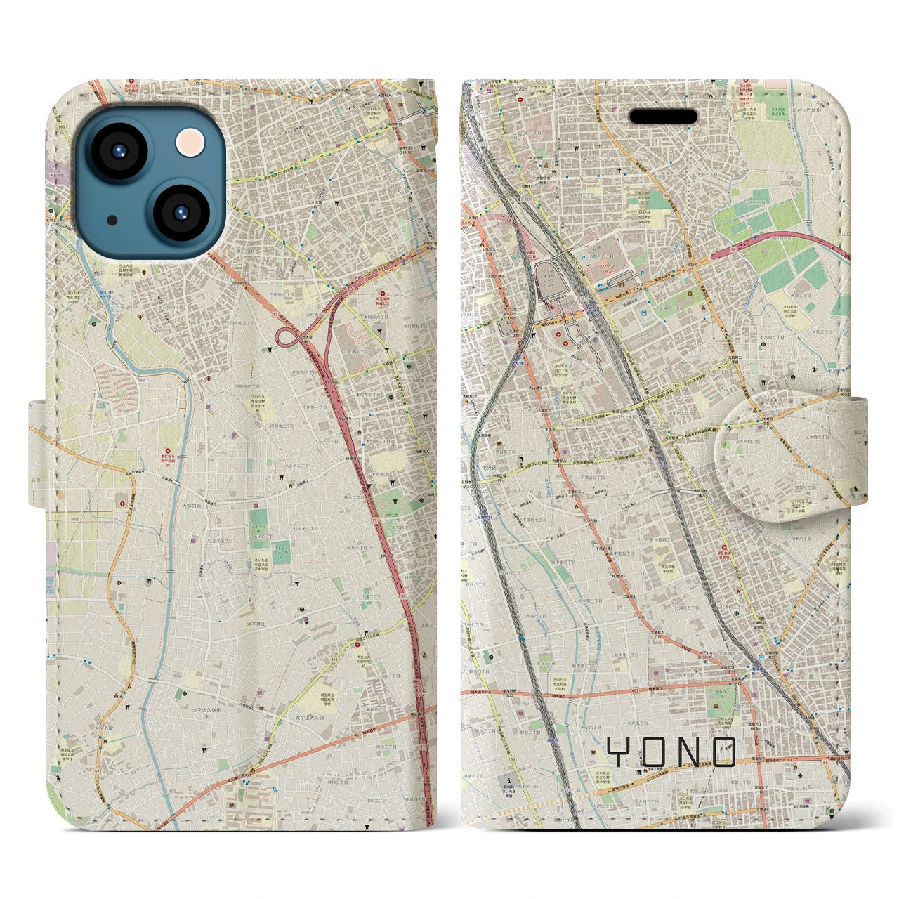 【与野(埼玉県)】地図柄iPhoneケース(手帳タイプ)ナチュラル・iPhone 13 用