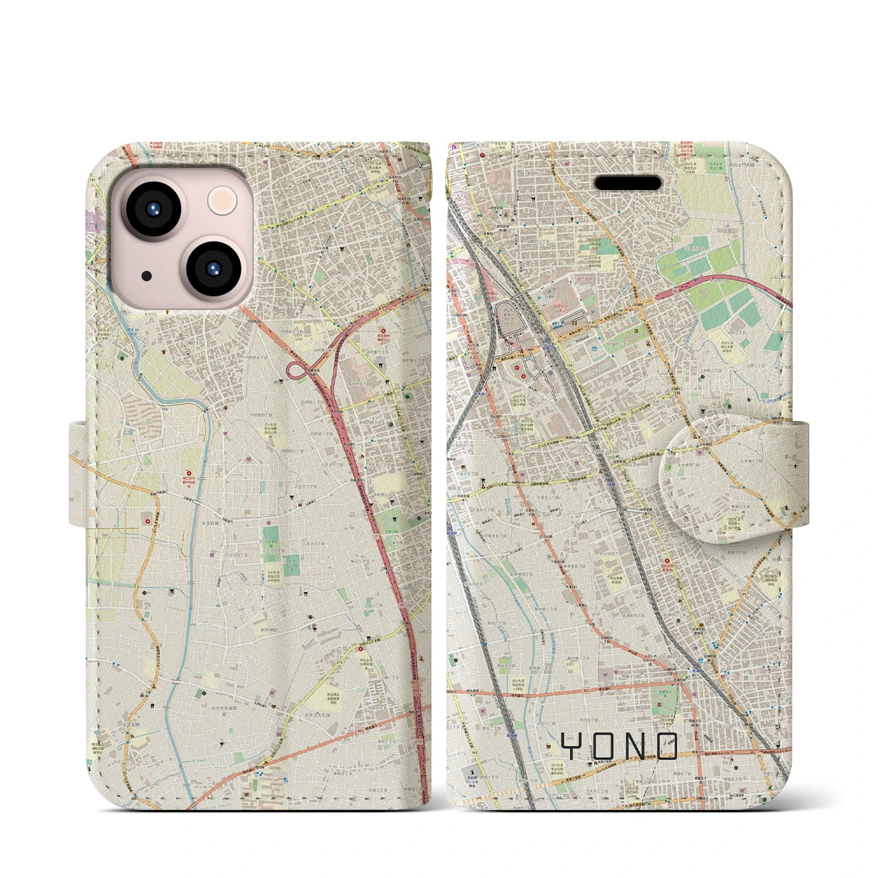 【与野(埼玉県)】地図柄iPhoneケース(手帳タイプ)ナチュラル・iPhone 13 mini 用