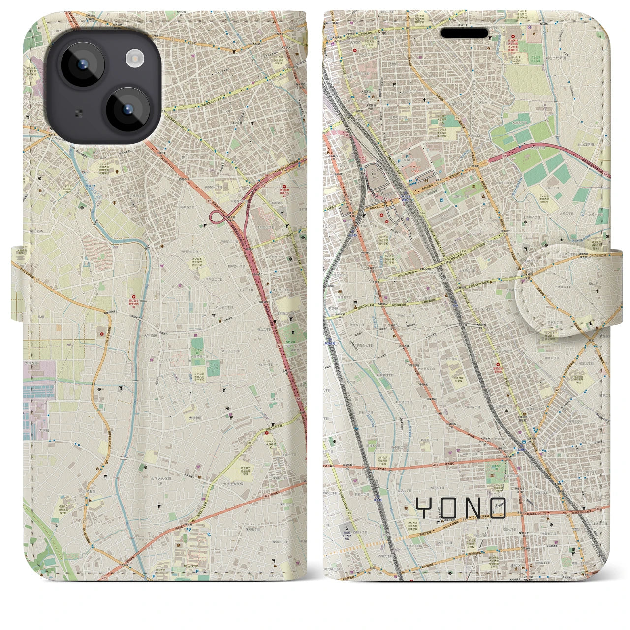 【与野(埼玉県)】地図柄iPhoneケース(手帳タイプ)ナチュラル・iPhone 14 Plus 用