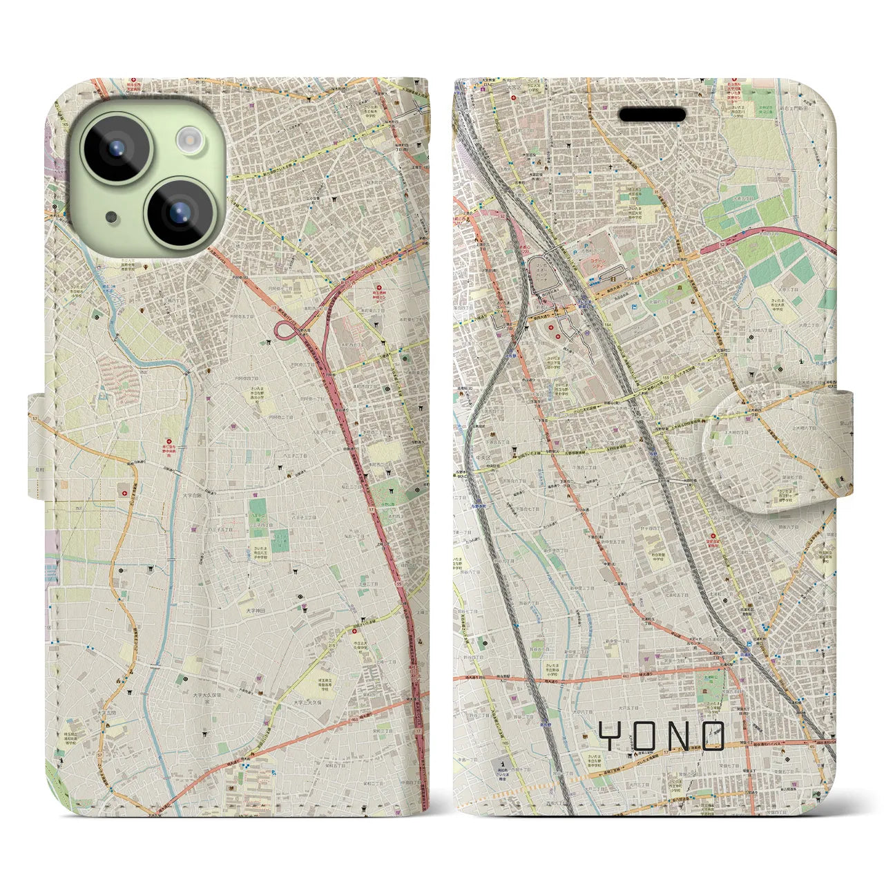 【与野(埼玉県)】地図柄iPhoneケース(手帳タイプ)ナチュラル・iPhone 15 用