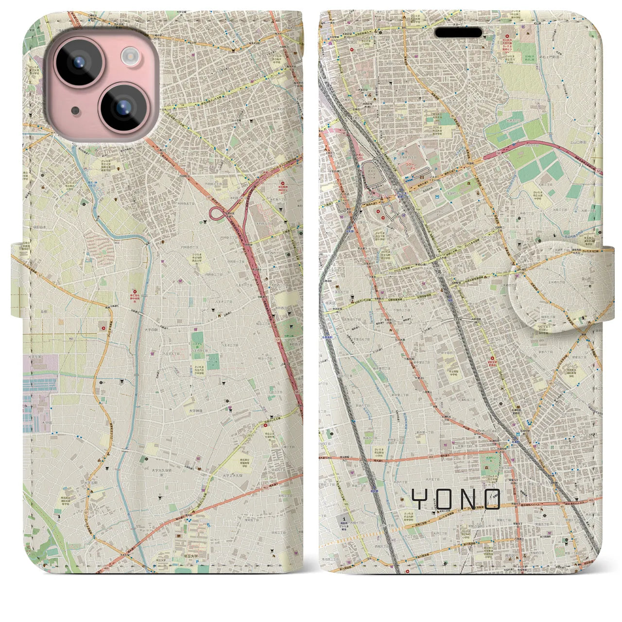 【与野(埼玉県)】地図柄iPhoneケース(手帳タイプ)ナチュラル・iPhone 15 Plus 用