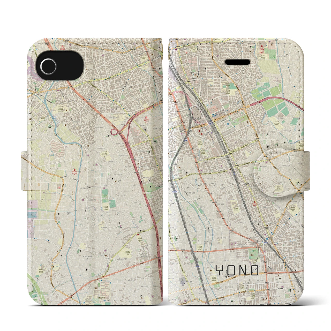 【与野(埼玉県)】地図柄iPhoneケース(手帳タイプ)ナチュラル・iPhone SE(第3 / 第2世代) / 8 / 7 / 6s / 6 用