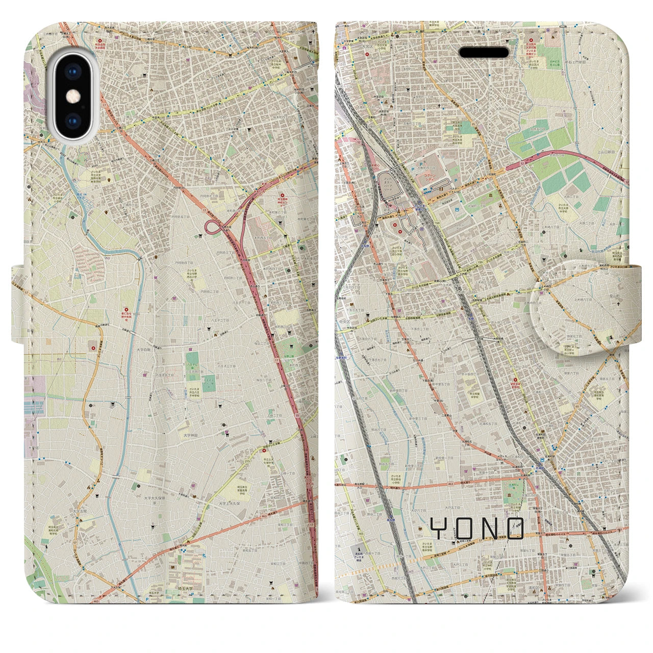 【与野(埼玉県)】地図柄iPhoneケース(手帳タイプ)ナチュラル・iPhone XS Max 用