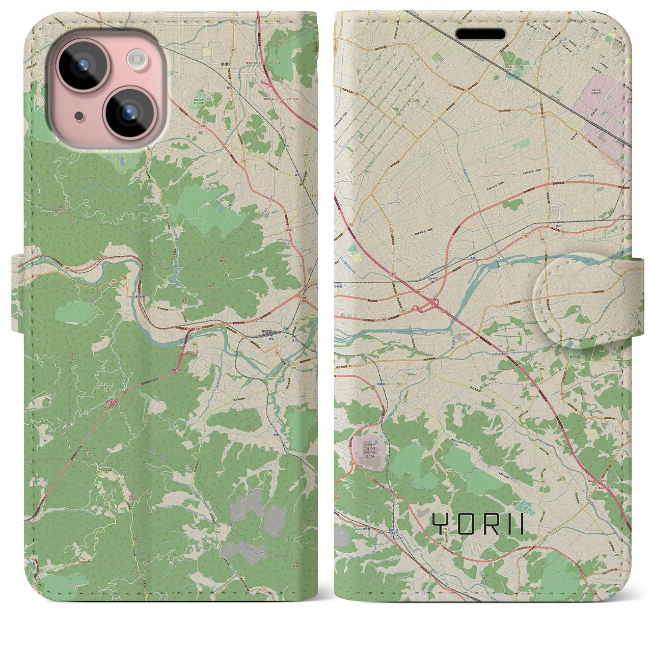 【寄居(埼玉県)】地図柄iPhoneケース(手帳タイプ)ナチュラル・iPhone 15 Plus 用