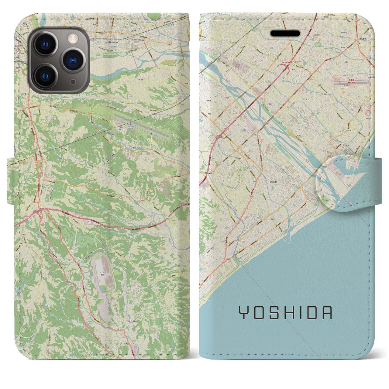 【吉田(静岡県)】地図柄iPhoneケース(手帳タイプ)ナチュラル・iPhone 11 Pro Max 用