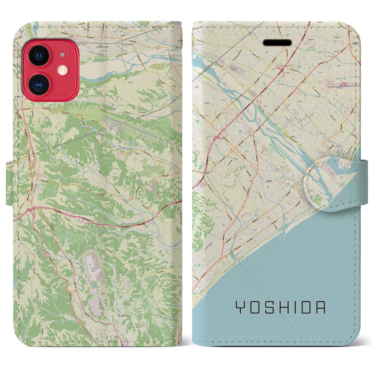 【吉田(静岡県)】地図柄iPhoneケース(手帳タイプ)ナチュラル・iPhone 11 用