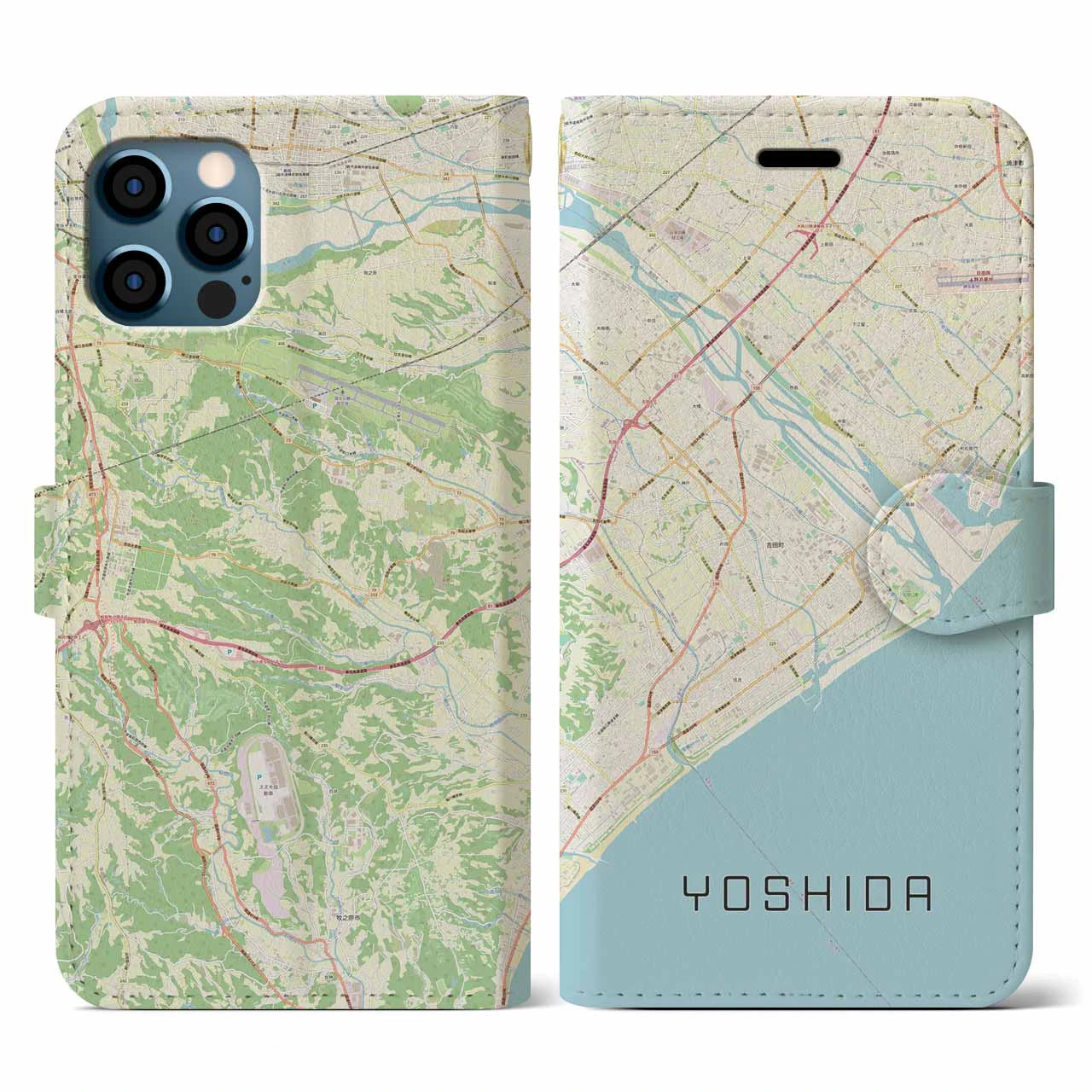 【吉田(静岡県)】地図柄iPhoneケース(手帳タイプ)ナチュラル・iPhone 12 / 12 Pro 用