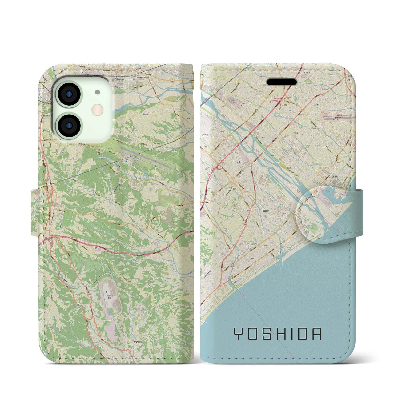 【吉田(静岡県)】地図柄iPhoneケース(手帳タイプ)ナチュラル・iPhone 12 mini 用