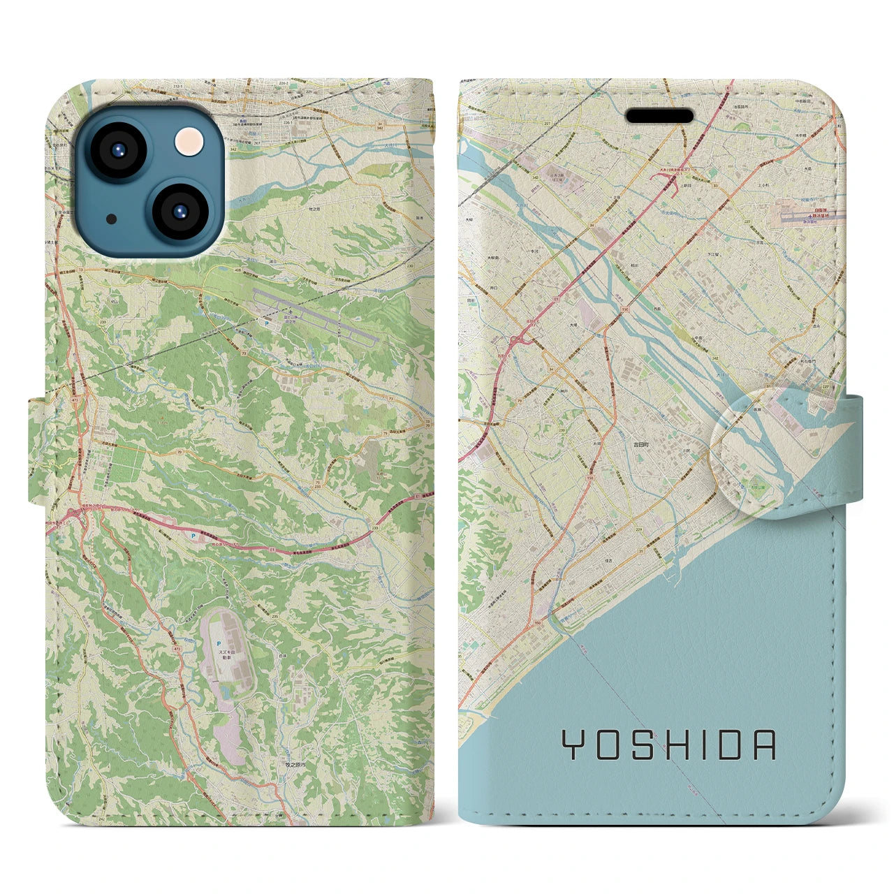 【吉田(静岡県)】地図柄iPhoneケース(手帳タイプ)ナチュラル・iPhone 13 用