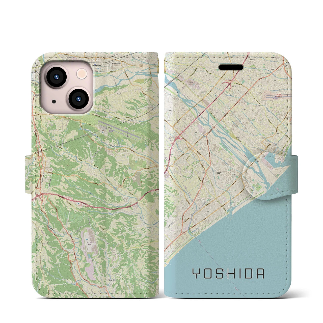 【吉田(静岡県)】地図柄iPhoneケース(手帳タイプ)ナチュラル・iPhone 13 mini 用