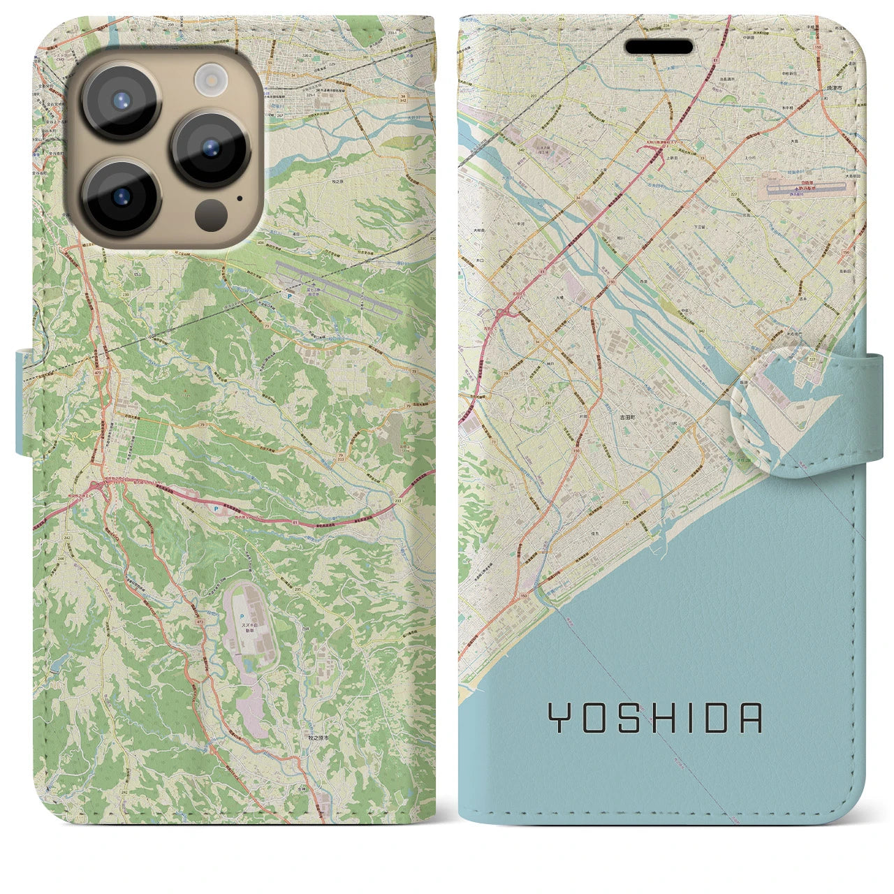 【吉田(静岡県)】地図柄iPhoneケース(手帳タイプ)ナチュラル・iPhone 14 Pro Max 用