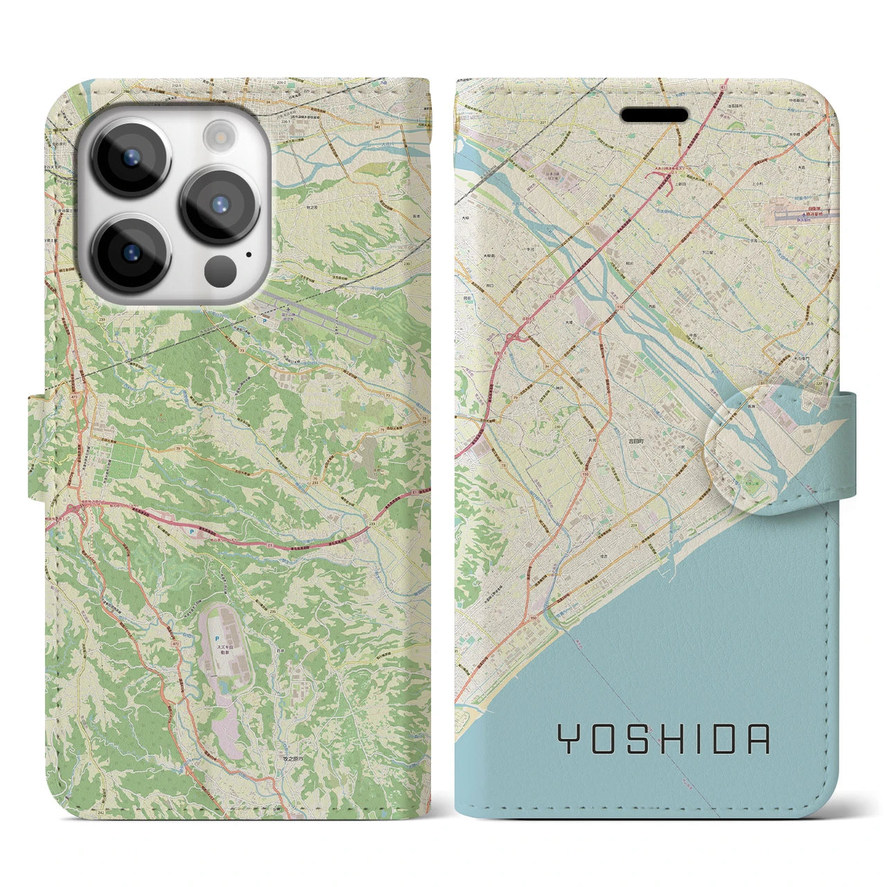 【吉田(静岡県)】地図柄iPhoneケース(手帳タイプ)ナチュラル・iPhone 14 Pro 用