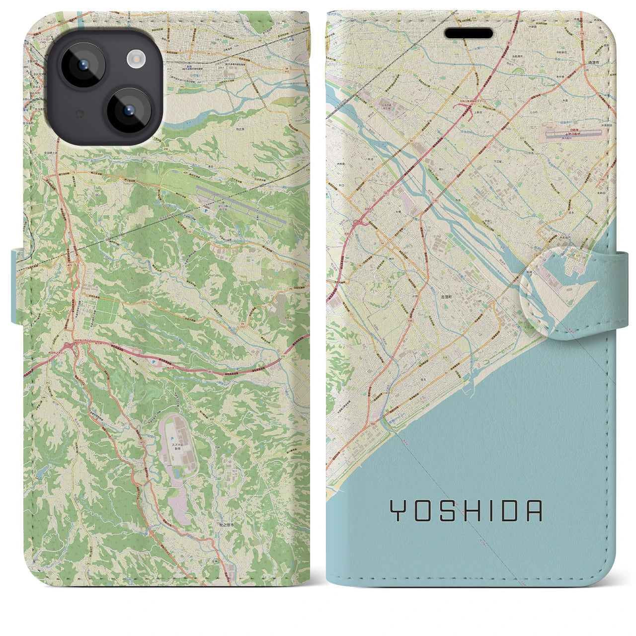 【吉田(静岡県)】地図柄iPhoneケース(手帳タイプ)ナチュラル・iPhone 14 Plus 用