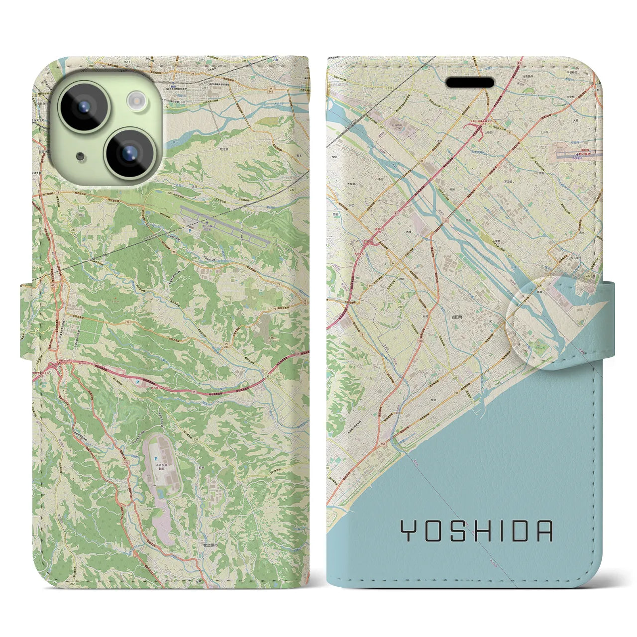 【吉田(静岡県)】地図柄iPhoneケース(手帳タイプ)ナチュラル・iPhone 15 用