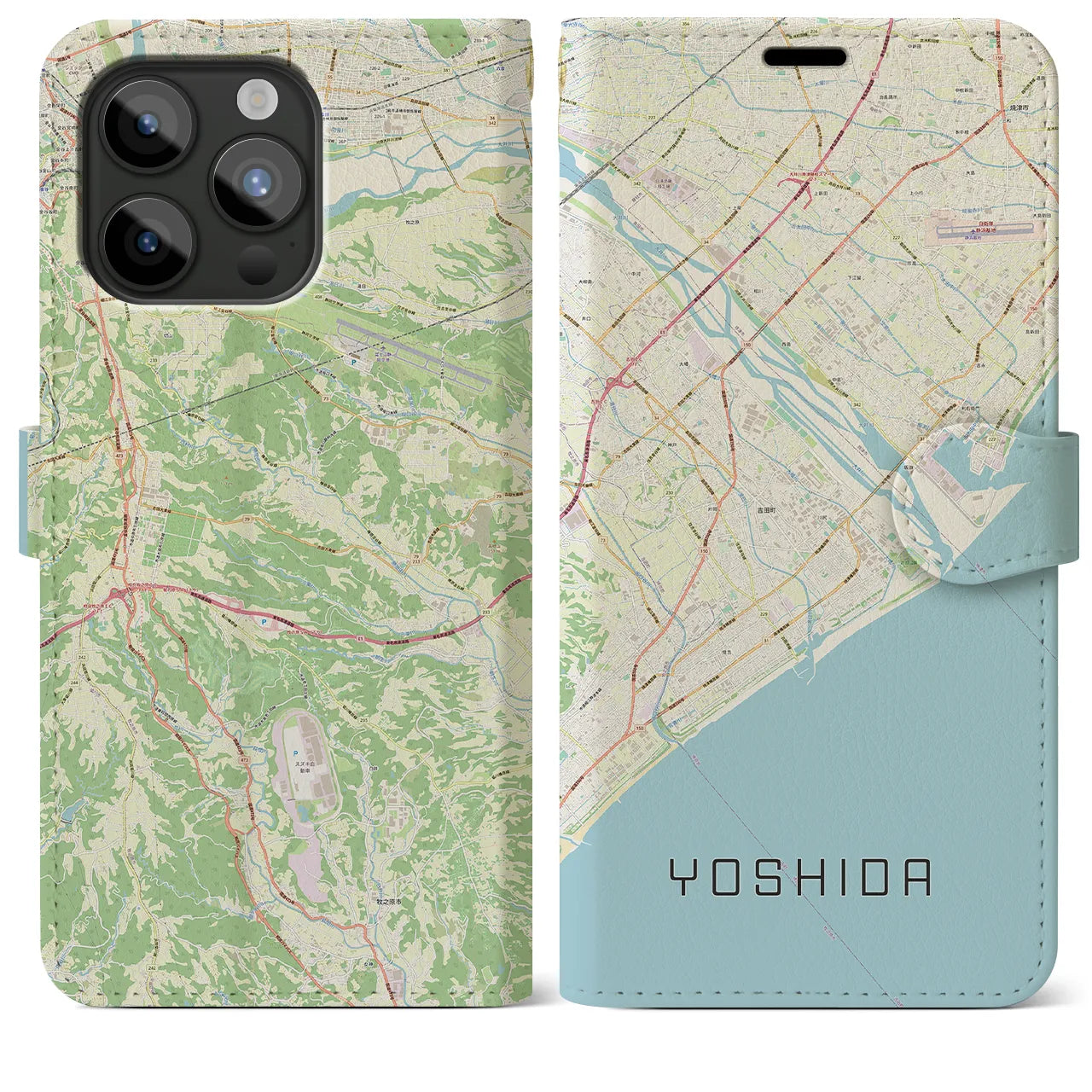 【吉田(静岡県)】地図柄iPhoneケース(手帳タイプ)ナチュラル・iPhone 15 Pro Max 用