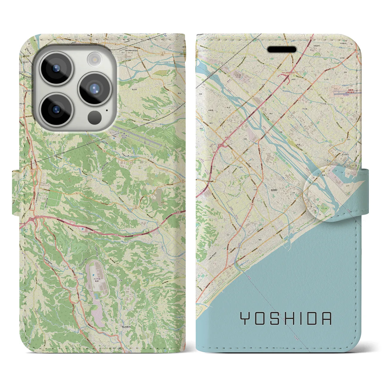 【吉田(静岡県)】地図柄iPhoneケース(手帳タイプ)ナチュラル・iPhone 15 Pro 用
