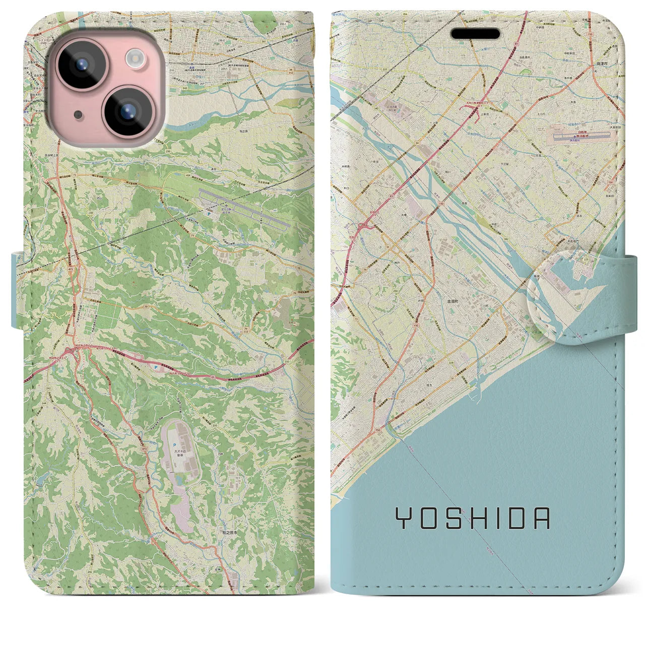 【吉田(静岡県)】地図柄iPhoneケース(手帳タイプ)ナチュラル・iPhone 15 Plus 用
