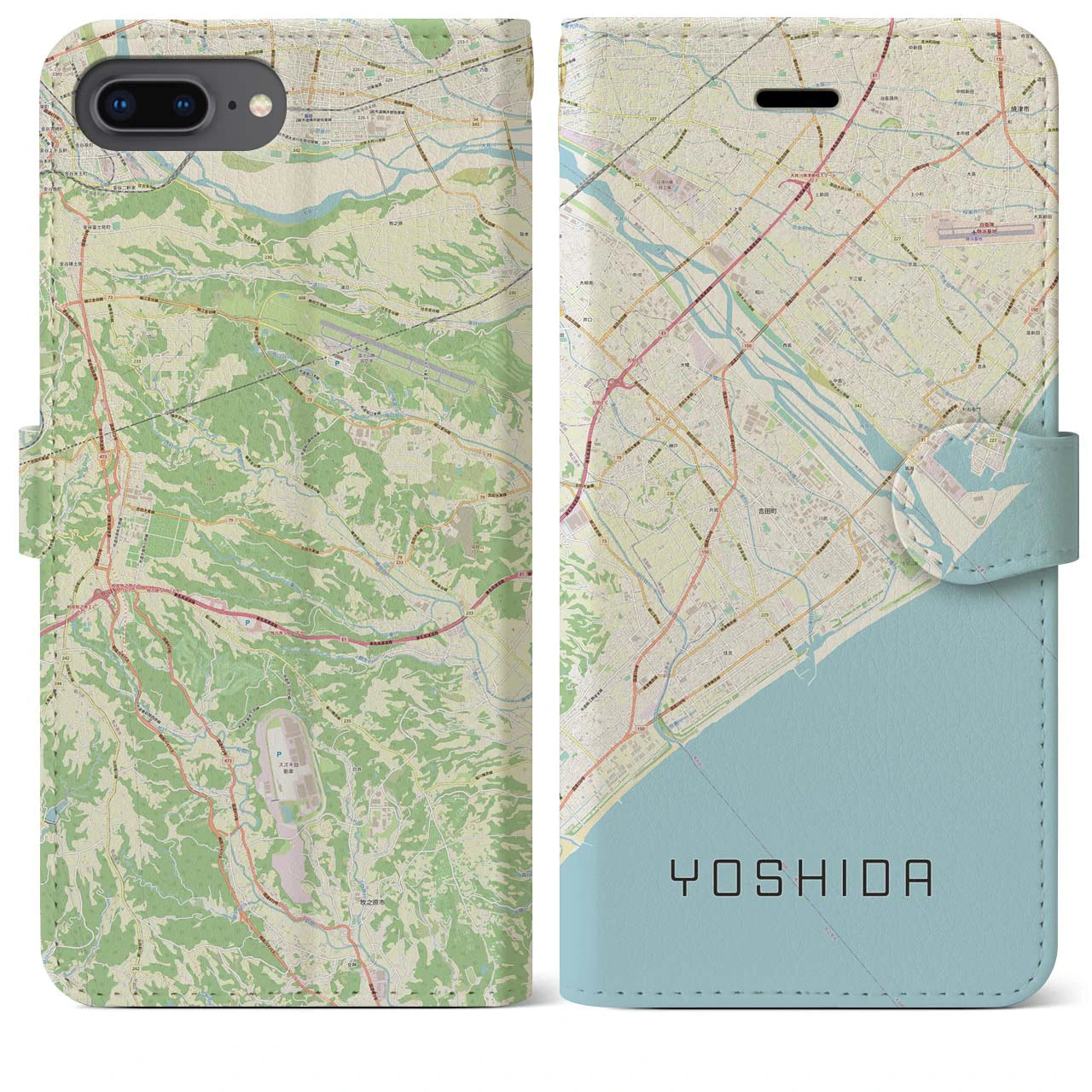 【吉田(静岡県)】地図柄iPhoneケース(手帳タイプ)ナチュラル・iPhone 8Plus /7Plus / 6sPlus / 6Plus 用