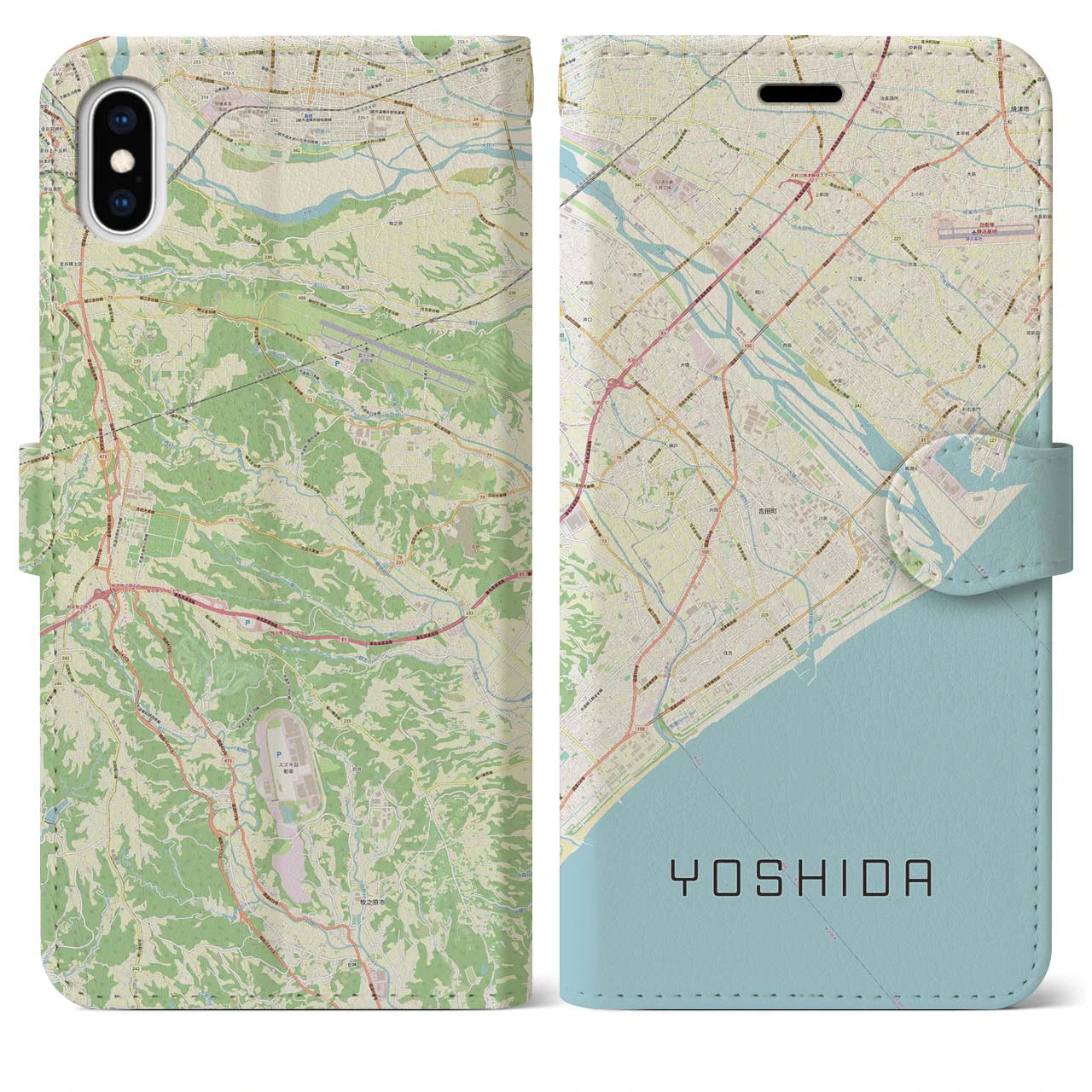 【吉田(静岡県)】地図柄iPhoneケース(手帳タイプ)ナチュラル・iPhone XS Max 用