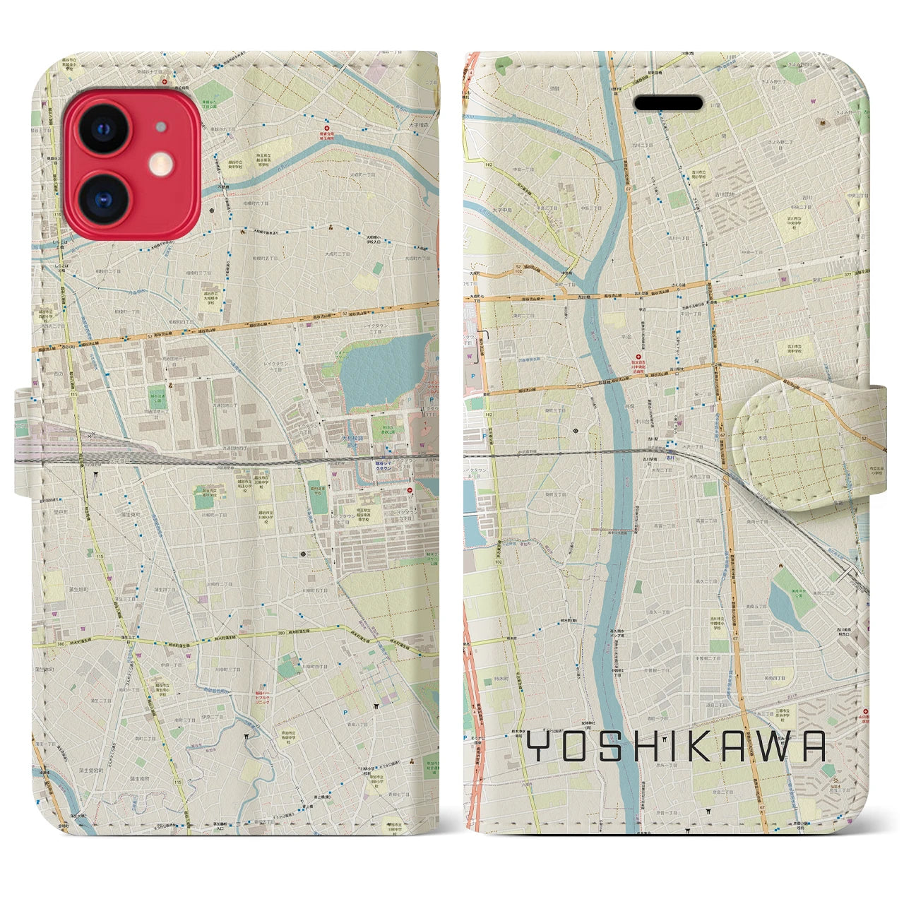 【吉川(埼玉県)】地図柄iPhoneケース(手帳タイプ)ナチュラル・iPhone 11 用