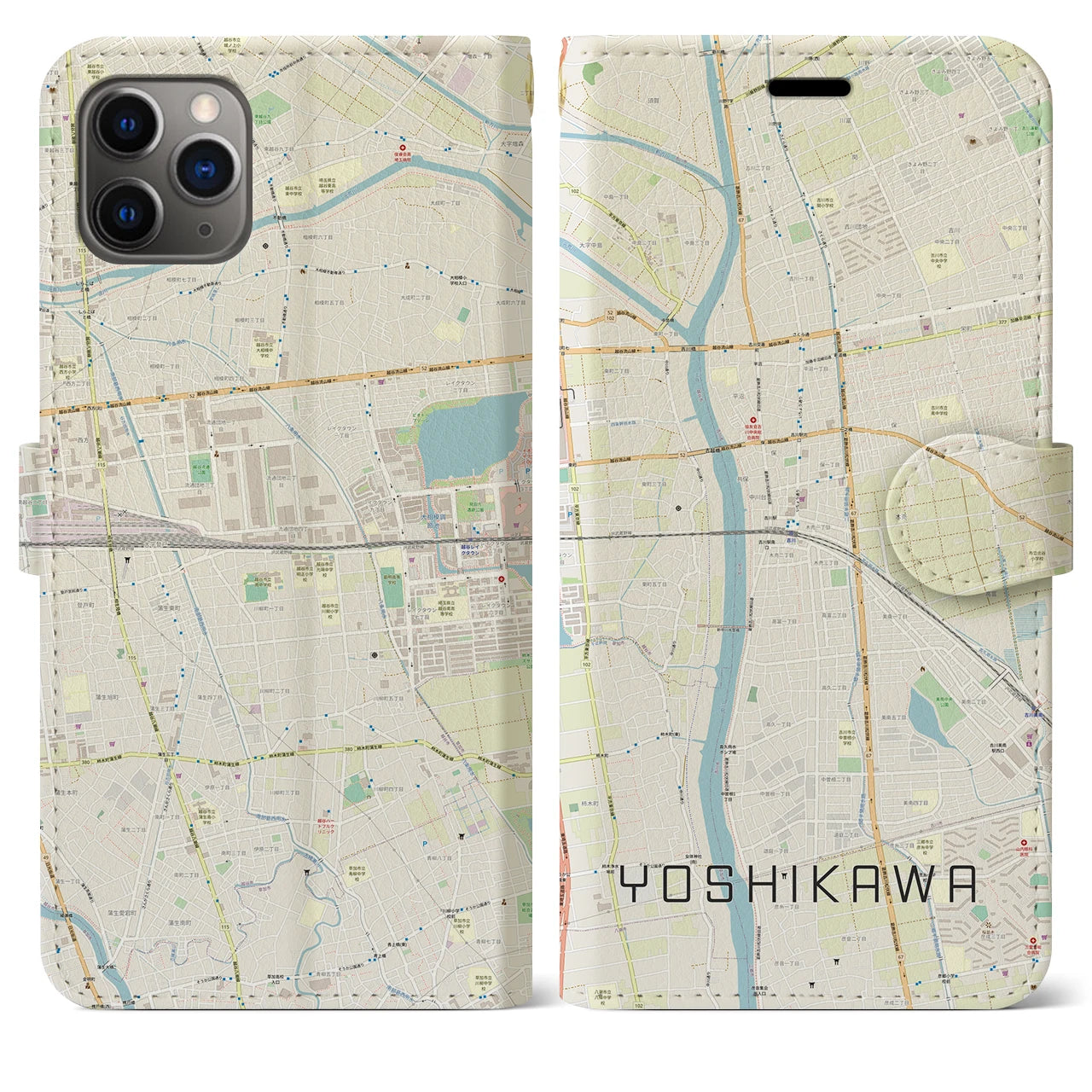 【吉川(埼玉県)】地図柄iPhoneケース(手帳タイプ)ナチュラル・iPhone 11 Pro Max 用