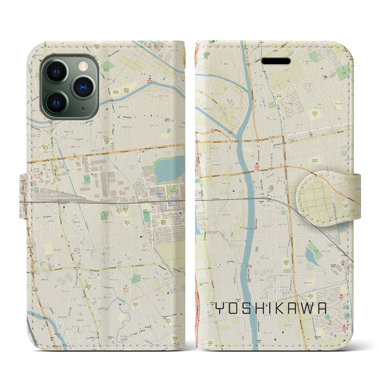 【吉川(埼玉県)】地図柄iPhoneケース(手帳タイプ)ナチュラル・iPhone 11 Pro 用