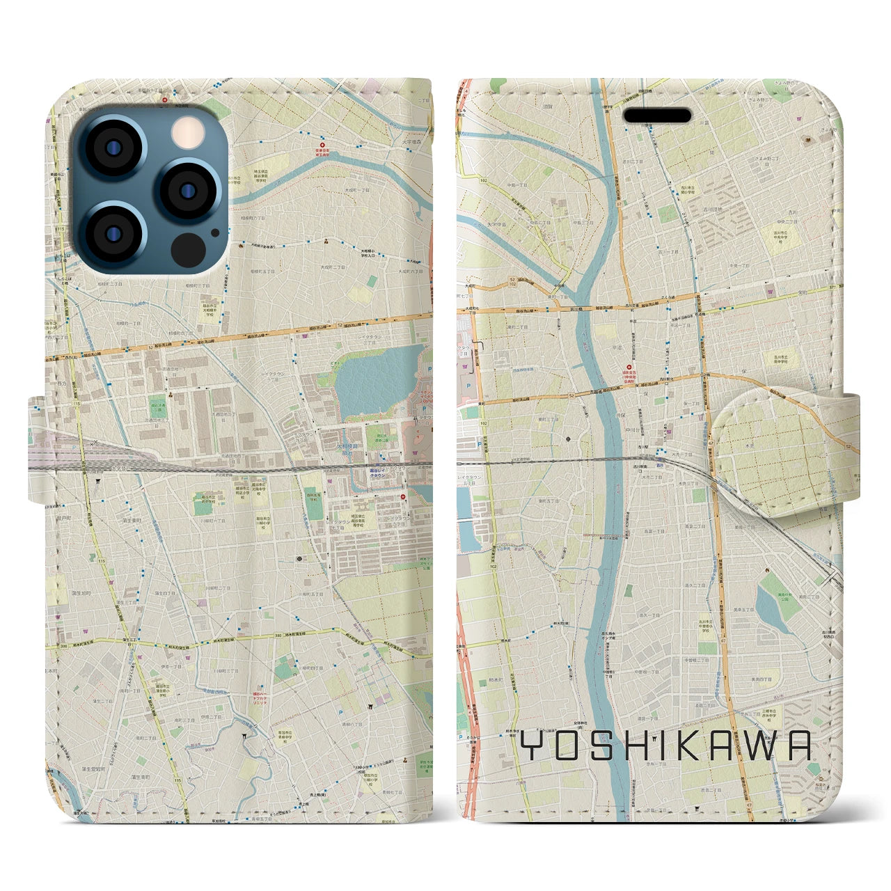 【吉川(埼玉県)】地図柄iPhoneケース(手帳タイプ)ナチュラル・iPhone 12 / 12 Pro 用