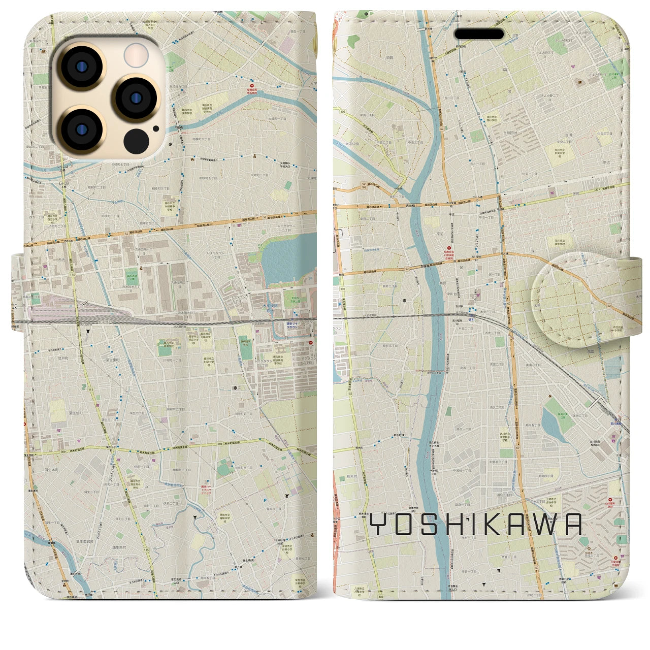 【吉川(埼玉県)】地図柄iPhoneケース(手帳タイプ)ナチュラル・iPhone 12 Pro Max 用