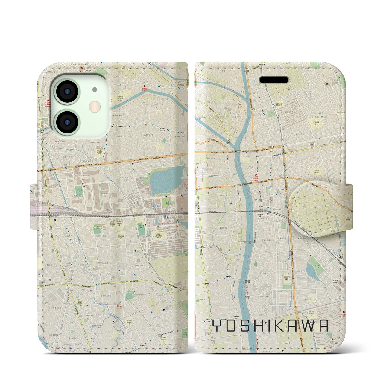 【吉川(埼玉県)】地図柄iPhoneケース(手帳タイプ)ナチュラル・iPhone 12 mini 用