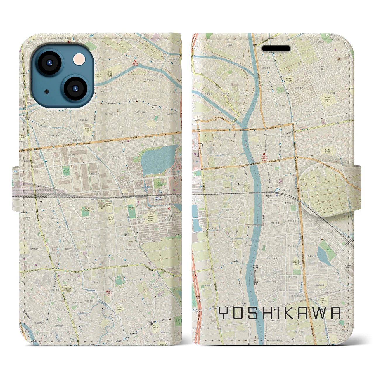 【吉川(埼玉県)】地図柄iPhoneケース(手帳タイプ)ナチュラル・iPhone 13 用