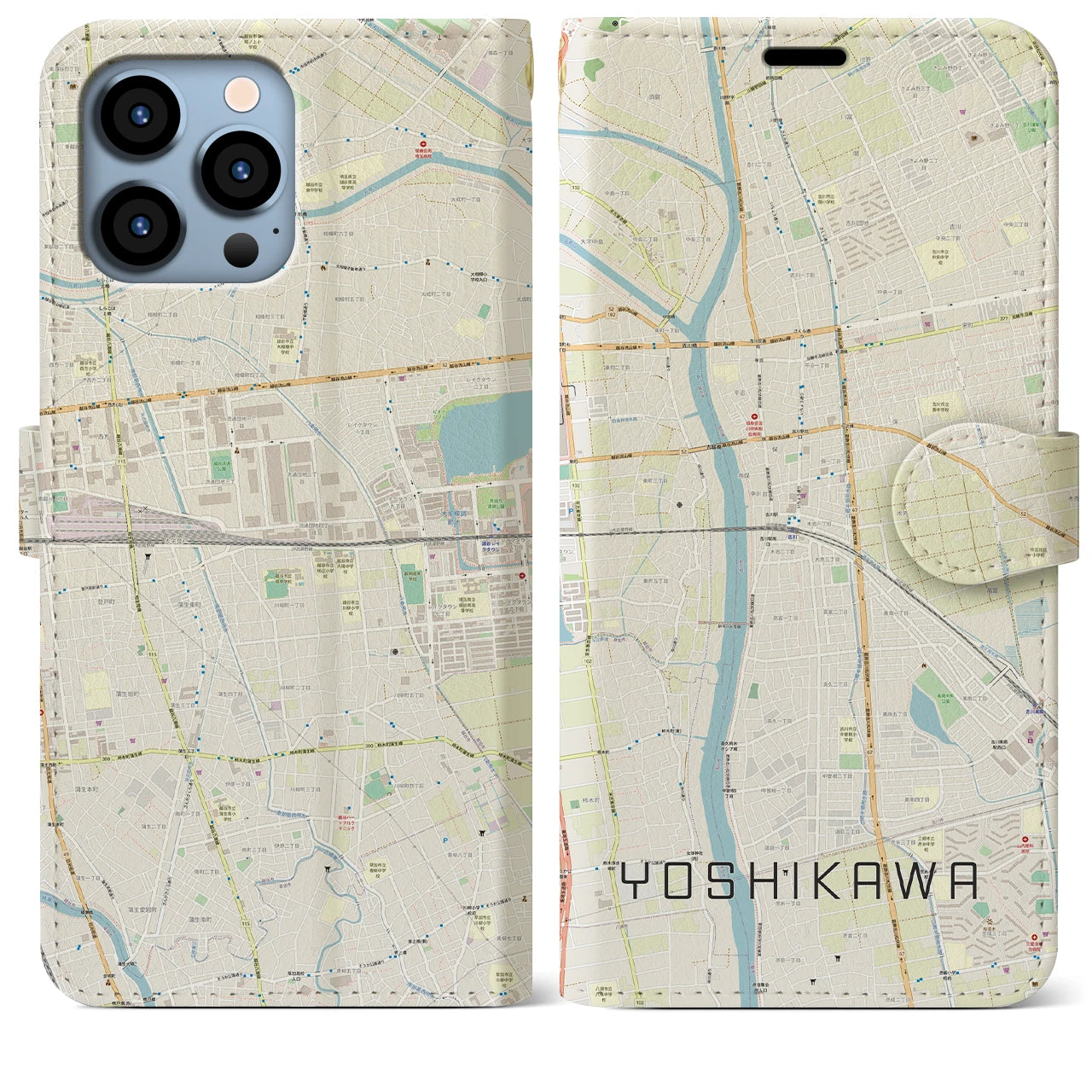 【吉川(埼玉県)】地図柄iPhoneケース(手帳タイプ)ナチュラル・iPhone 13 Pro Max 用