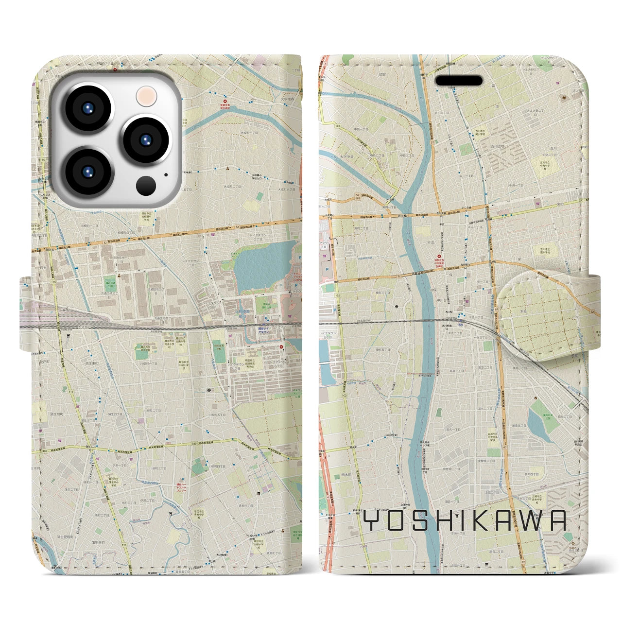 【吉川(埼玉県)】地図柄iPhoneケース(手帳タイプ)ナチュラル・iPhone 13 Pro 用