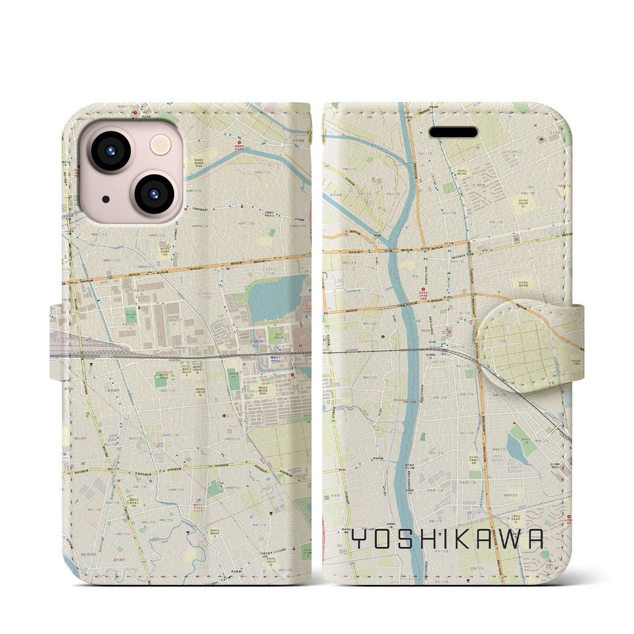 【吉川(埼玉県)】地図柄iPhoneケース(手帳タイプ)ナチュラル・iPhone 13 mini 用