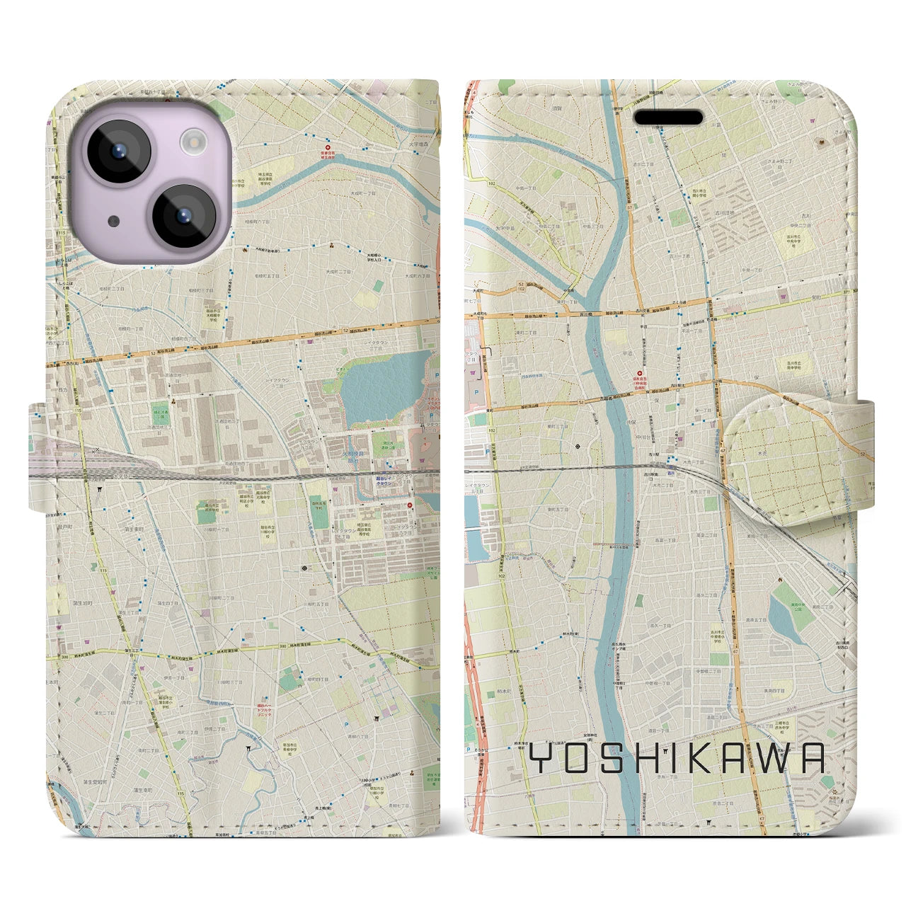 【吉川(埼玉県)】地図柄iPhoneケース(手帳タイプ)ナチュラル・iPhone 14 用