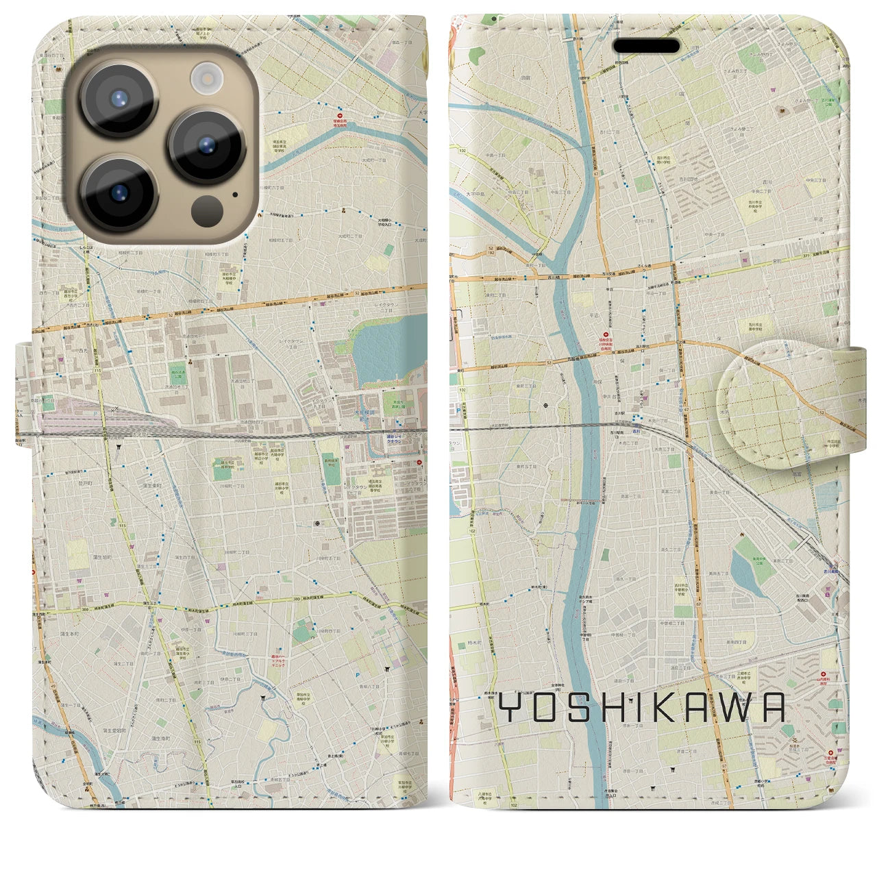 【吉川(埼玉県)】地図柄iPhoneケース(手帳タイプ)ナチュラル・iPhone 14 Pro Max 用