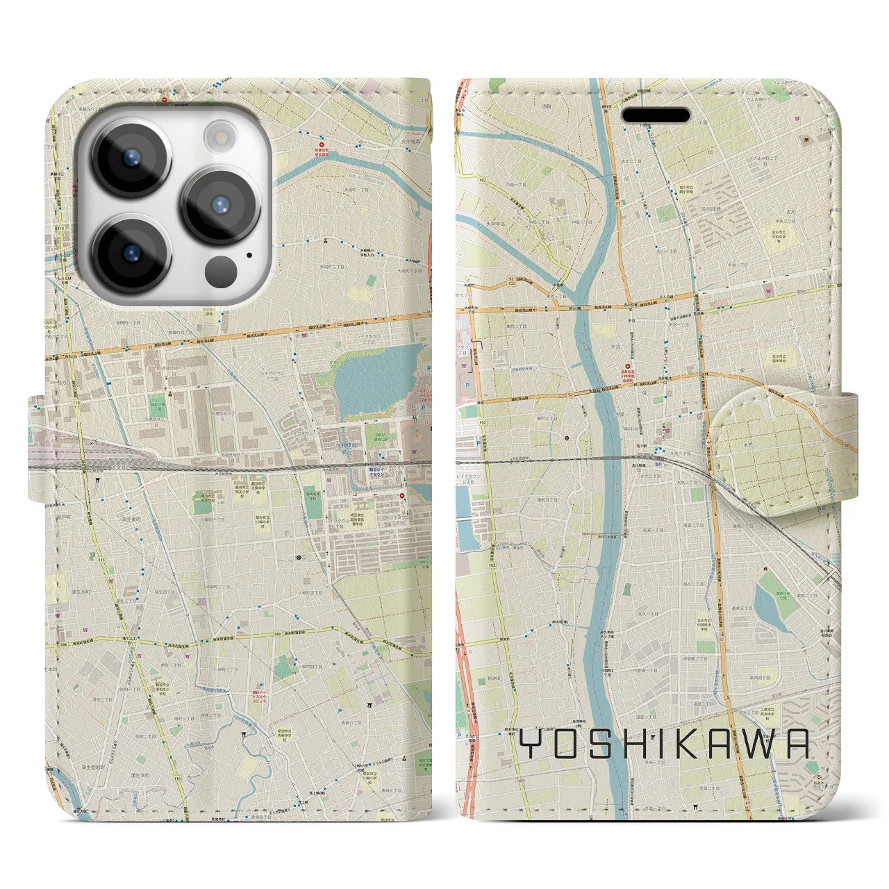 【吉川(埼玉県)】地図柄iPhoneケース(手帳タイプ)ナチュラル・iPhone 14 Pro 用
